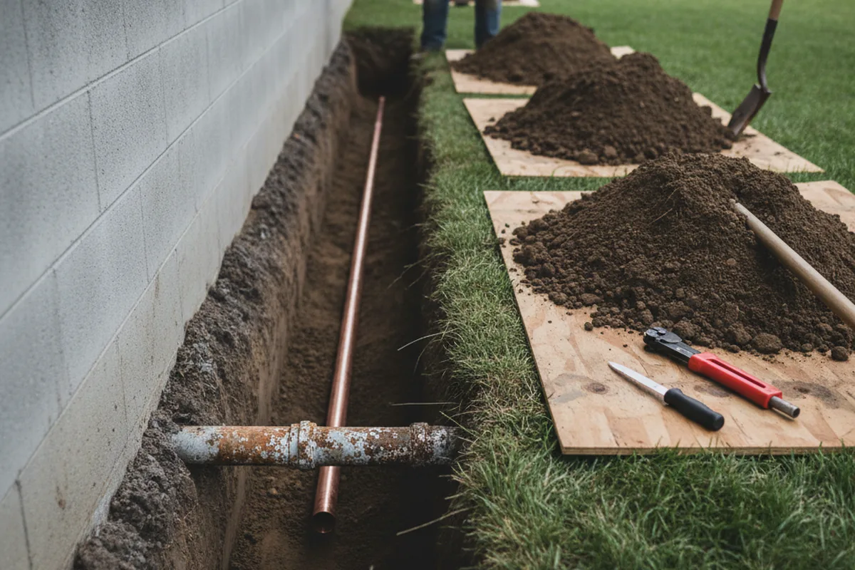 Excavated water line trench during Water Heater Repair in Winston